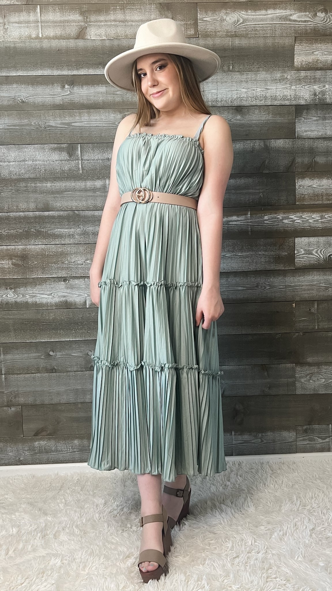 wishlist maxi dress with pleated tiered skirt smocked back dusty sage WL24-8667