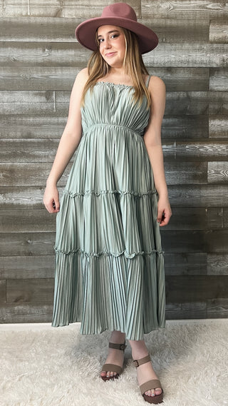 wishlist maxi dress with pleated tiered skirt smocked back dusty sage WL24-8667