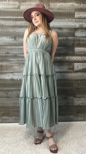 wishlist maxi dress with pleated tiered skirt smocked back dusty sage WL24-8667