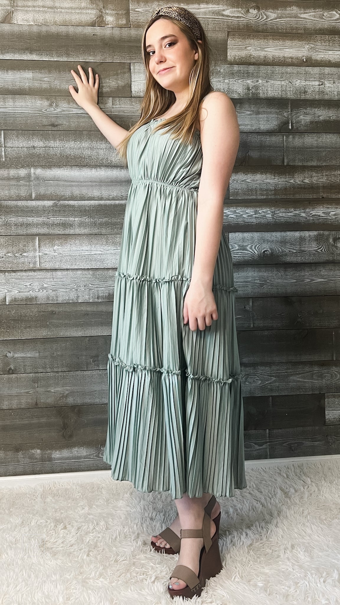 wishlist maxi dress with pleated tiered skirt smocked back dusty sage WL24-8667