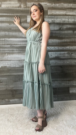 wishlist maxi dress with pleated tiered skirt smocked back dusty sage WL24-8667