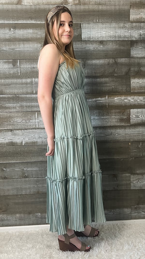 wishlist maxi dress with pleated tiered skirt smocked back dusty sage WL24-8667