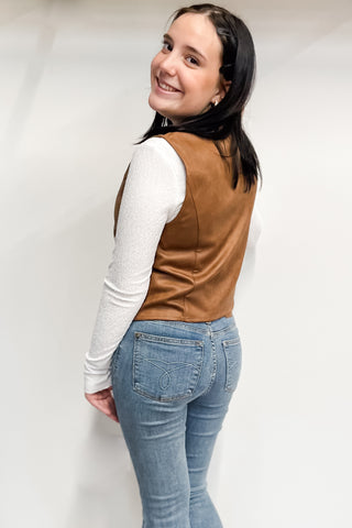 Wishlist Suede Button Up Vest in Camel WL25-10990