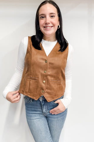 Wishlist Suede Button Up Vest in Camel WL25-10990