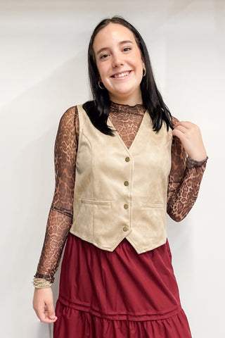 Wishlist Suede Button Up Vest in Stone WL25-10990