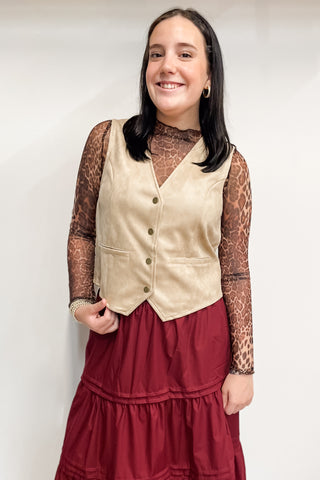 Wishlist Suede Button Up Vest in Stone WL25-10990