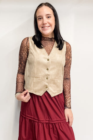 Wishlist Suede Button Up Vest in Stone WL25-10990