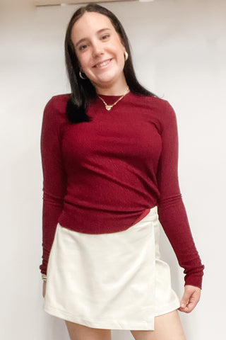Wishlist basic crinkle knit long sleeve top in wine WL25-10849