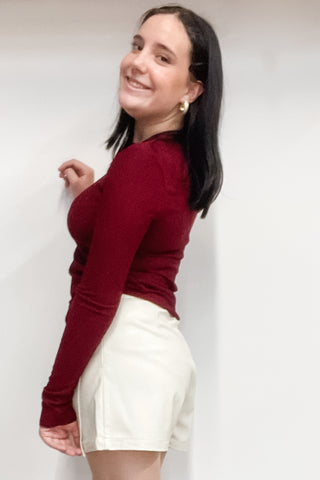 Wishlist basic crinkle knit long sleeve top in wine WL25-10849