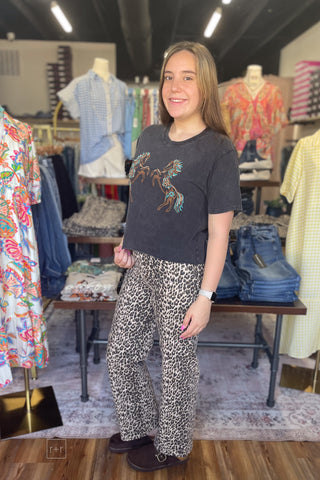 Zutter faded black puff Double Horses Cropped Short Sleeve Graphic Tee rolled hem side view