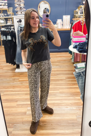Zutter faded black puff Double Horses Cropped Short Sleeve Graphic Tee rolled hem mirror selfie
