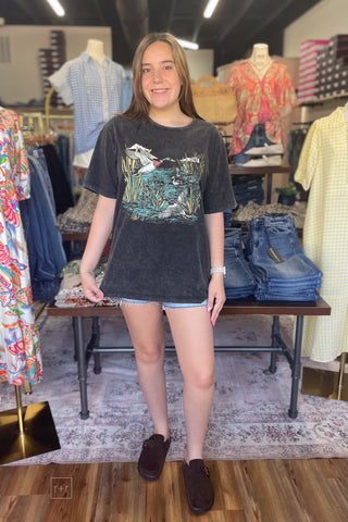 Zutter Mallards Design Faded Black Oversized Cotton Graphic Tee front view full outfit