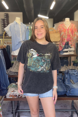 Zutter Mallards Design Faded Black Oversized Cotton Graphic Tee front view