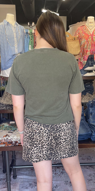Zutter Olive puff Double Horses Cropped Short Sleeve Graphic Tee rolled hem back view