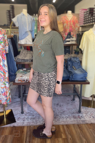 Zutter Olive puff Double Horses Cropped Short Sleeve Graphic Tee rolled hem side view