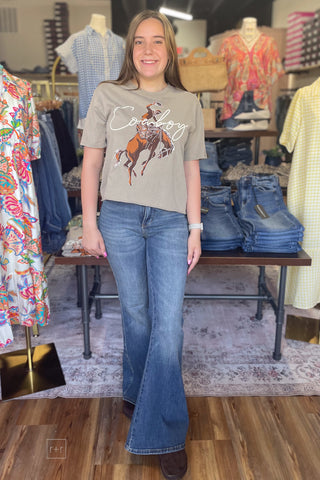 Zutter Bucking Bronco with Cowboy western rodeo themed Graphic Tee Sand Color front view full outfit