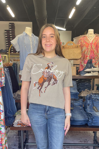 Zutter Bucking Bronco with Cowboy western rodeo themed Graphic Tee Sand Color front view