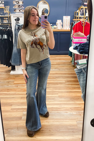 Zutter Bucking Bronco with Cowboy western rodeo themed Graphic Tee Sand Color mirror selfie
