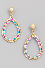 dangle tear drop shape earrings with gold bead post and little colorful beads adorning the inner hoop