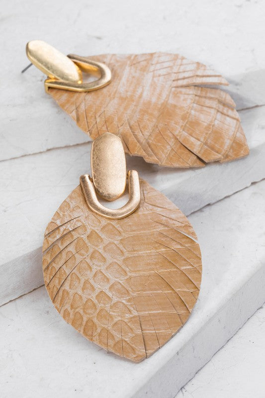 leather snake skin feather earrings