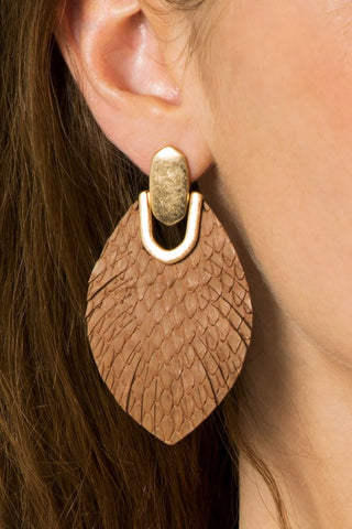 leather snake skin feather earrings