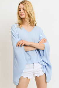 first love by lovelyn style # T1872 pale blue v-neck woven top with cloak sleeves