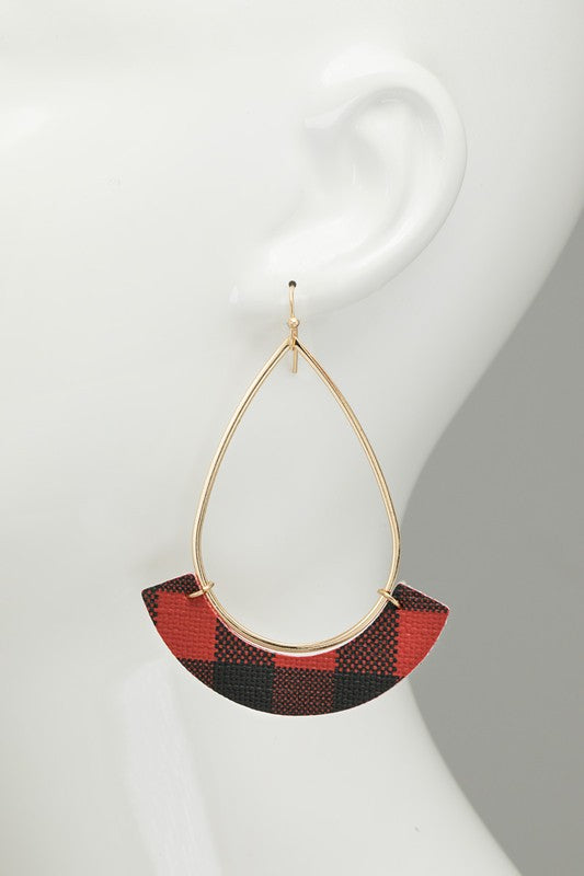 gold teardrop earring with faux leather buffalo plaid accent size reference