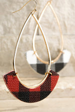 gold teardrop earring with faux leather buffalo plaid accent