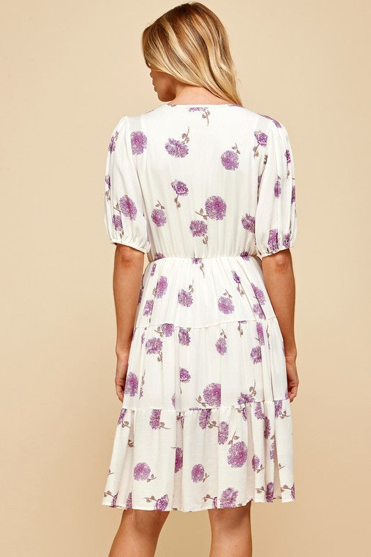 les amis D1318 lavender floral dress with elastic waist and pockets