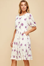 les amis D1318 lavender floral dress with elastic waist and pockets
