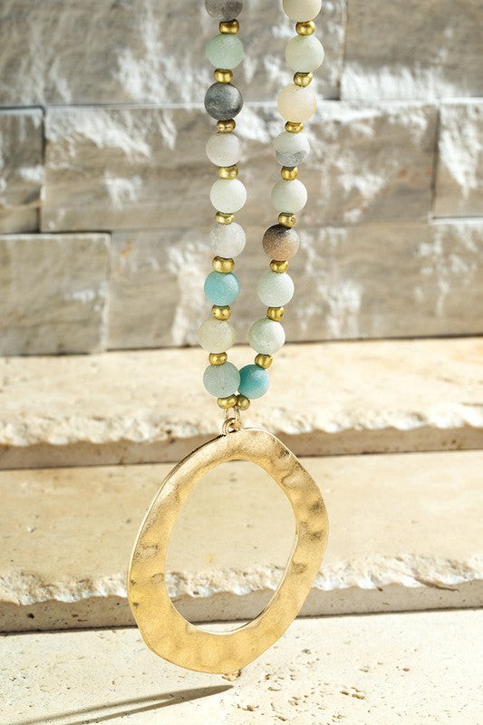 amazonite stone with gold bead long necklace and gold hammered circle pendant