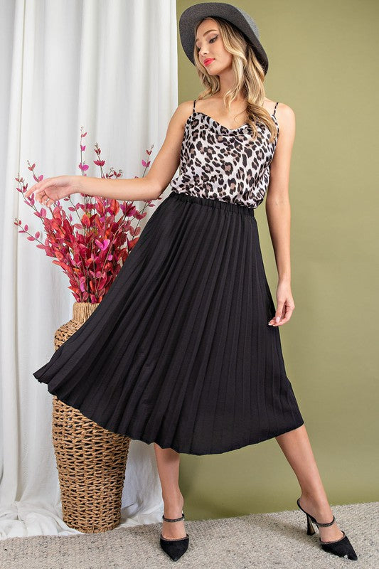 ee:some elastic waist pleated midi length skirt in black