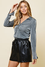 ces femme TJ11359 charcoal collar neck long sleeve top with ruching button detail sparkly shirt 