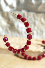 burgundy round dangle open hoop earrings with square glass beads and gold accents
