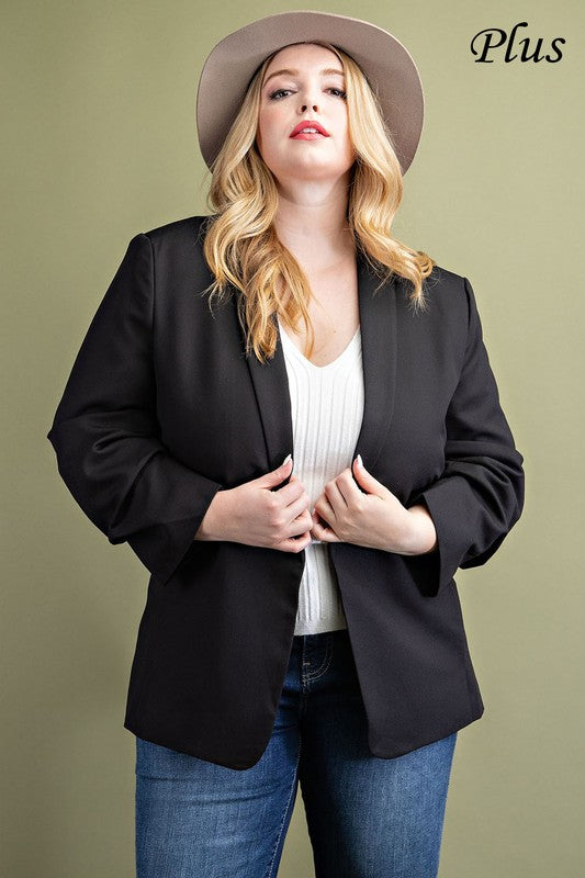 ee:some plus size black classic style blazer with ruched sleeves PJK4426 size XL-2XL