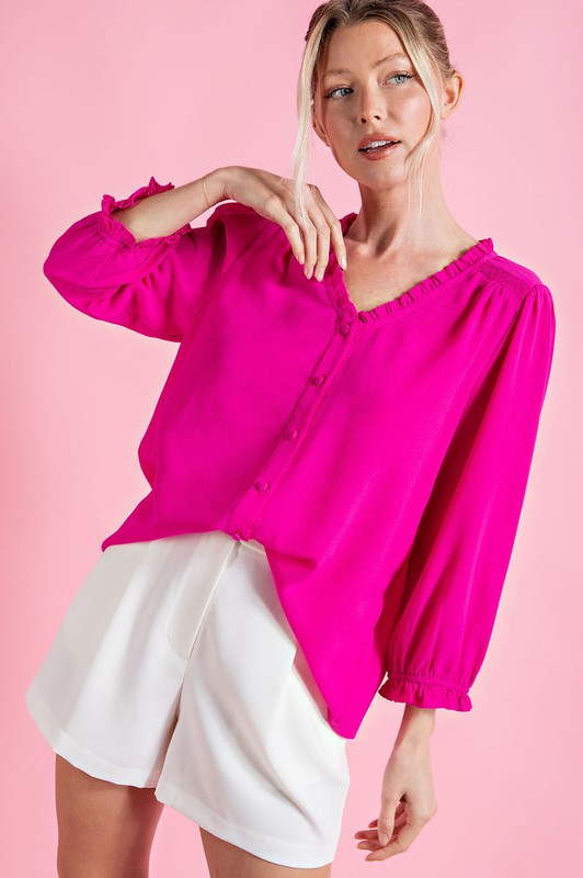 ee:some v-neck button down blouse in hot pink TK7777