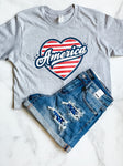 america love graphic tee unisex fit gray with red striped heart