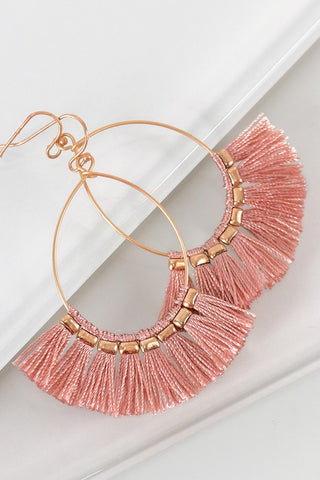 dusty rose fine thread tassel earrings with fish hook bauble bar inspired earrings