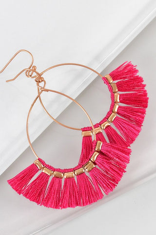 fuchsia fine thread tassel earrings with fish hook bauble bar inspired earrings