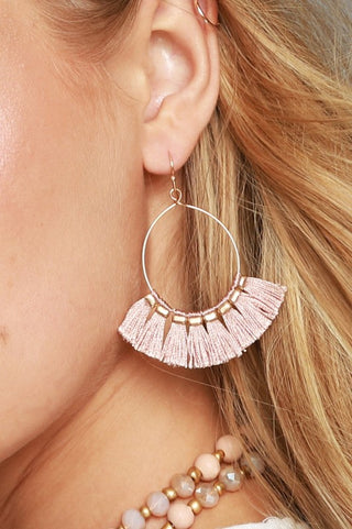 dusty rose fine thread tassel earrings with fish hook bauble bar inspired earrings