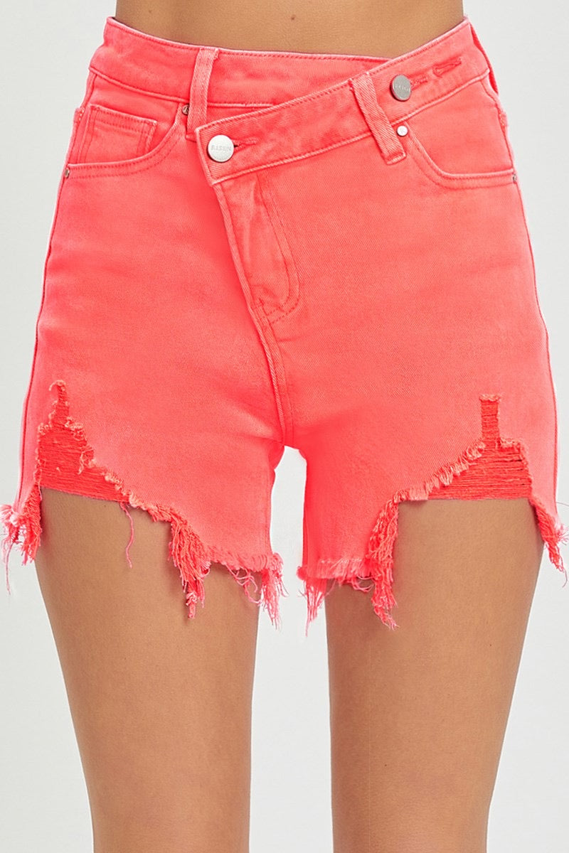 risen high rise cross over destroyed hem shorts RDS6004 Coral Pink