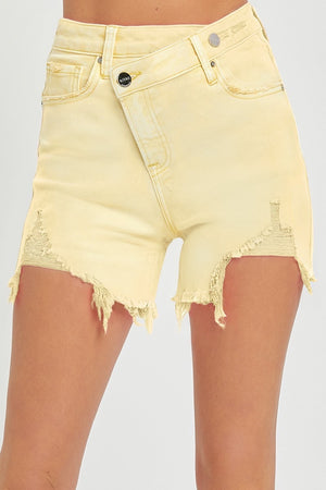 risen high rise cross over destroyed hem shorts RDS6004 Pale Yellow