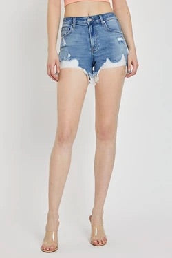 risen high rise distressed shorts in medium wash RDS6093 Medium