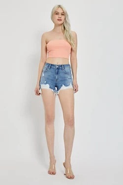 risen high rise distressed shorts in medium wash RDS6093 Medium