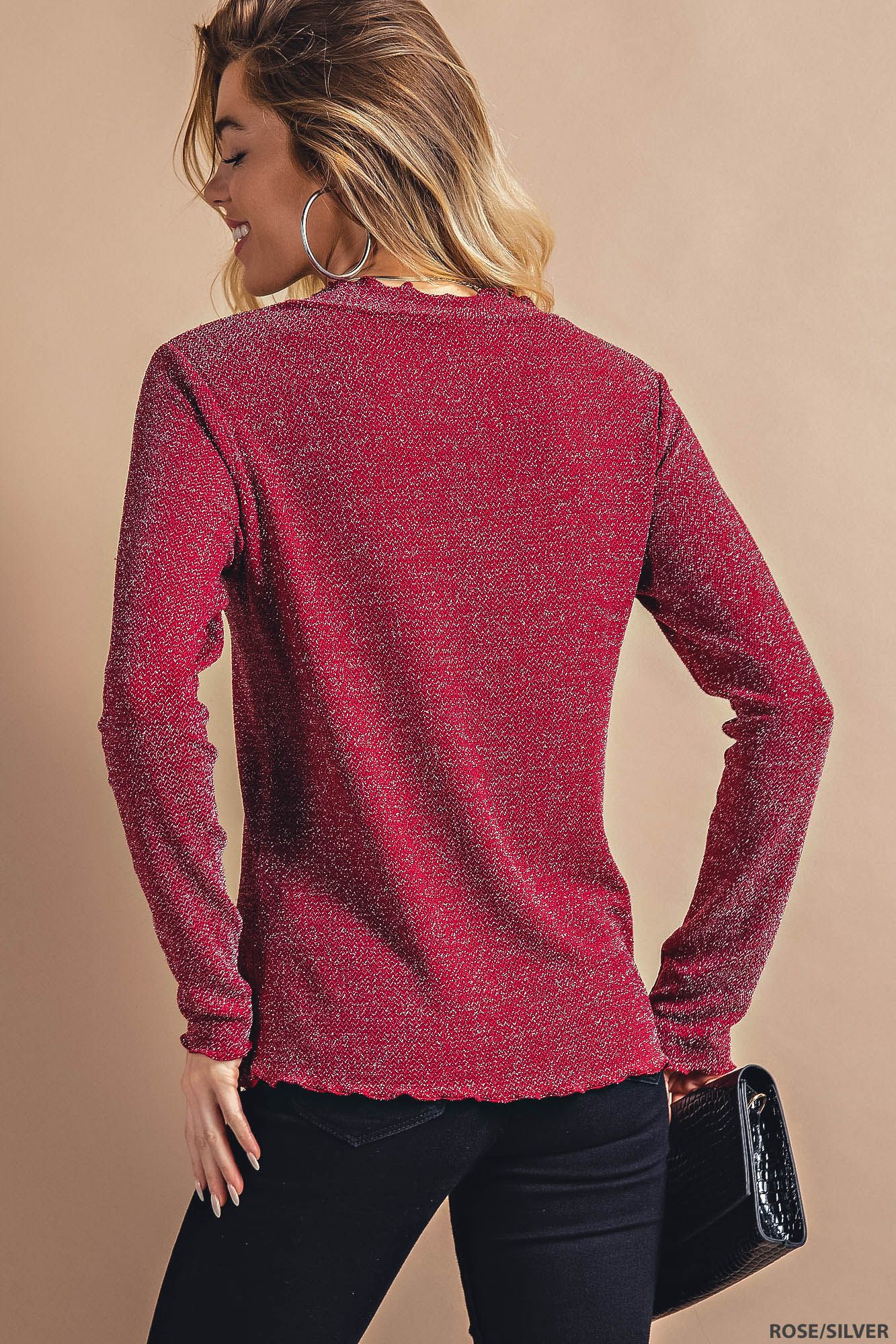 kori america soft slinky fabric with lurex mock neck B7820 in rose/silver