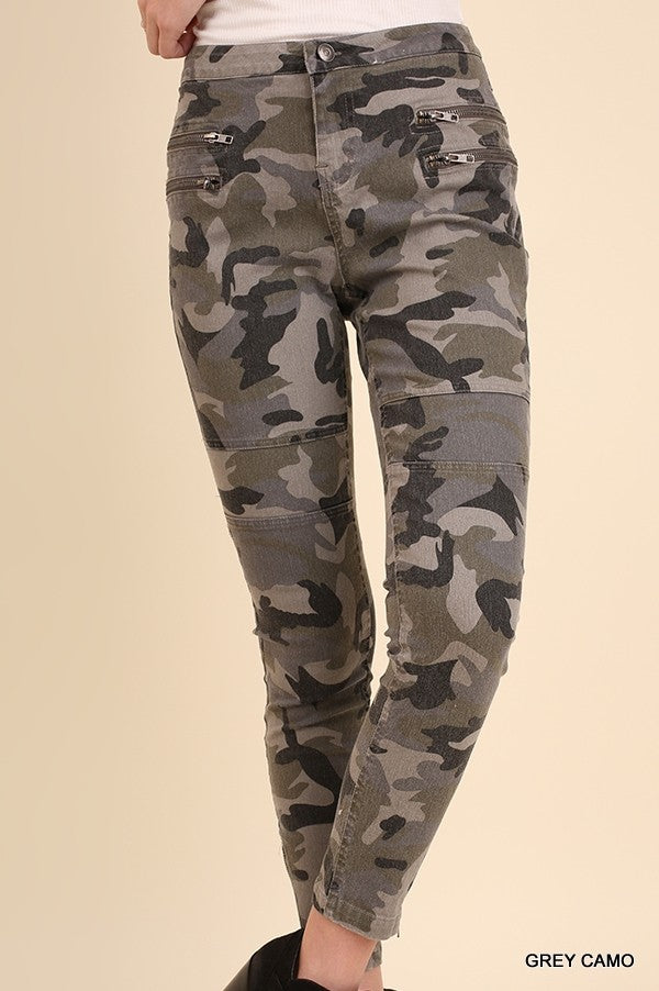 umgee grey camo moto pants with front and ankle zipper details C0492