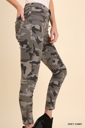 umgee grey camo moto pants with front and ankle zipper details